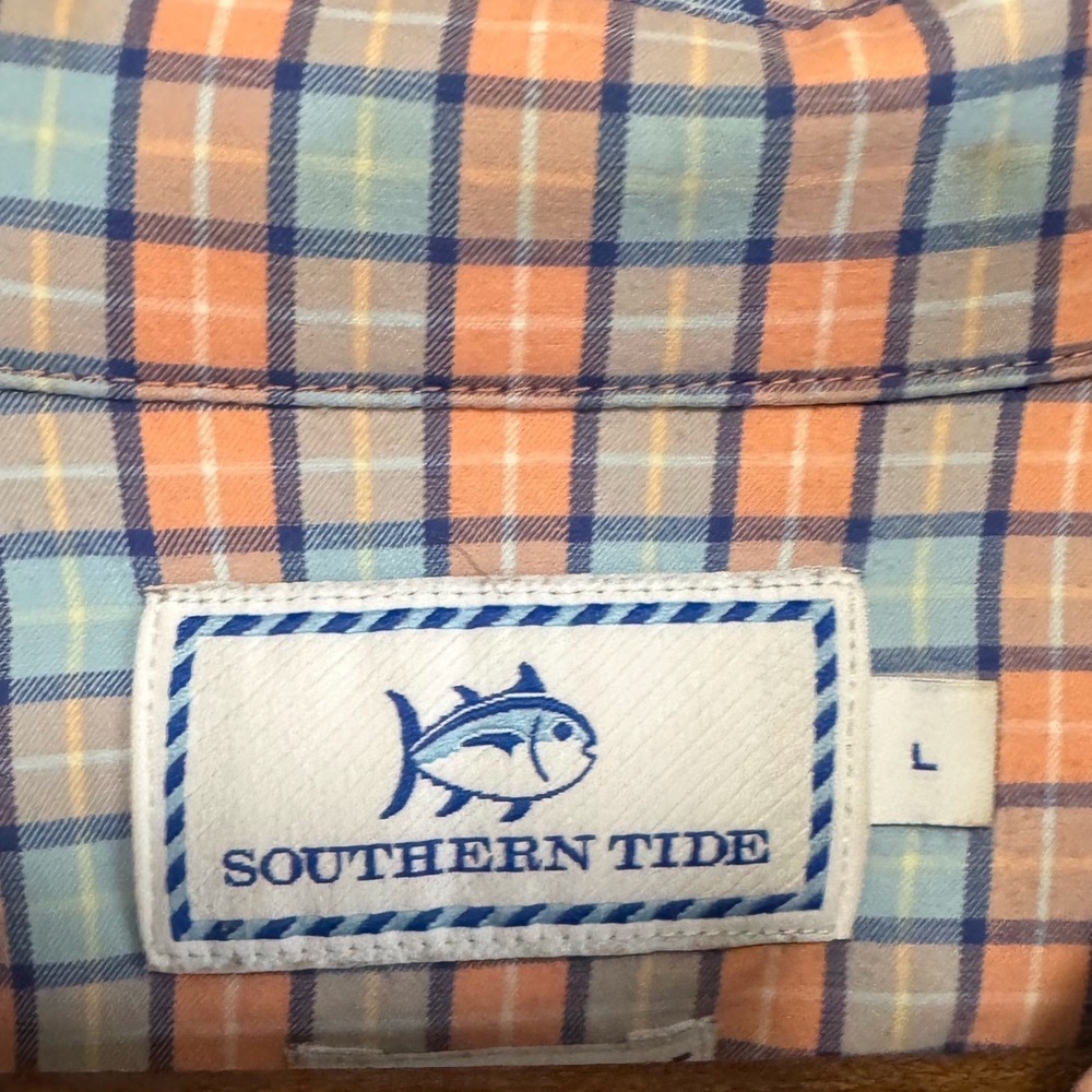 Southern Tide Performance Shirt Mens Large Orange Blue Plaid Excellent Skipjack - Picture 4 of 8
